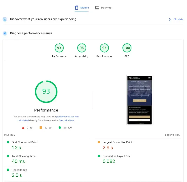 Google pagespeed insights for funeral directors website